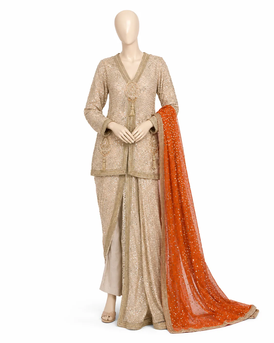 Women’s Embellished Beige Saree Set with Purple Dupatta view 3